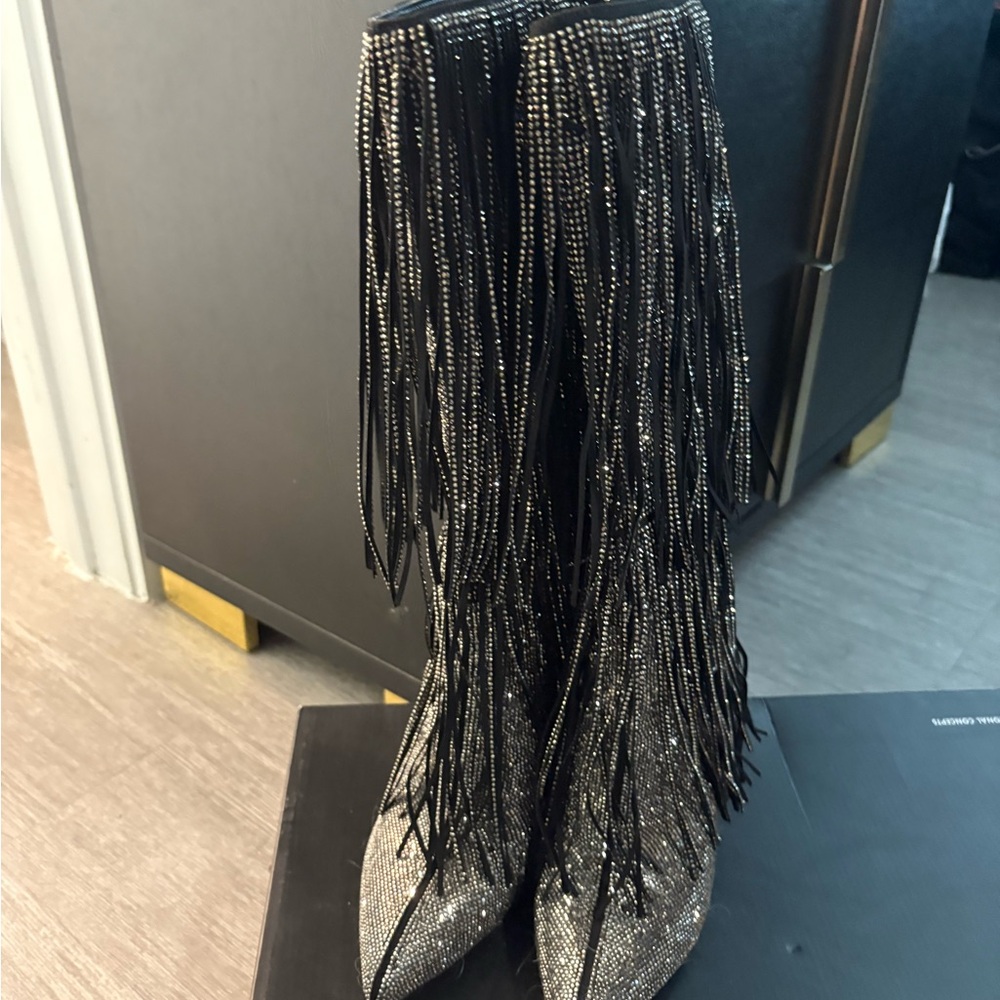 Silver and Black Fringe Heeled Boots